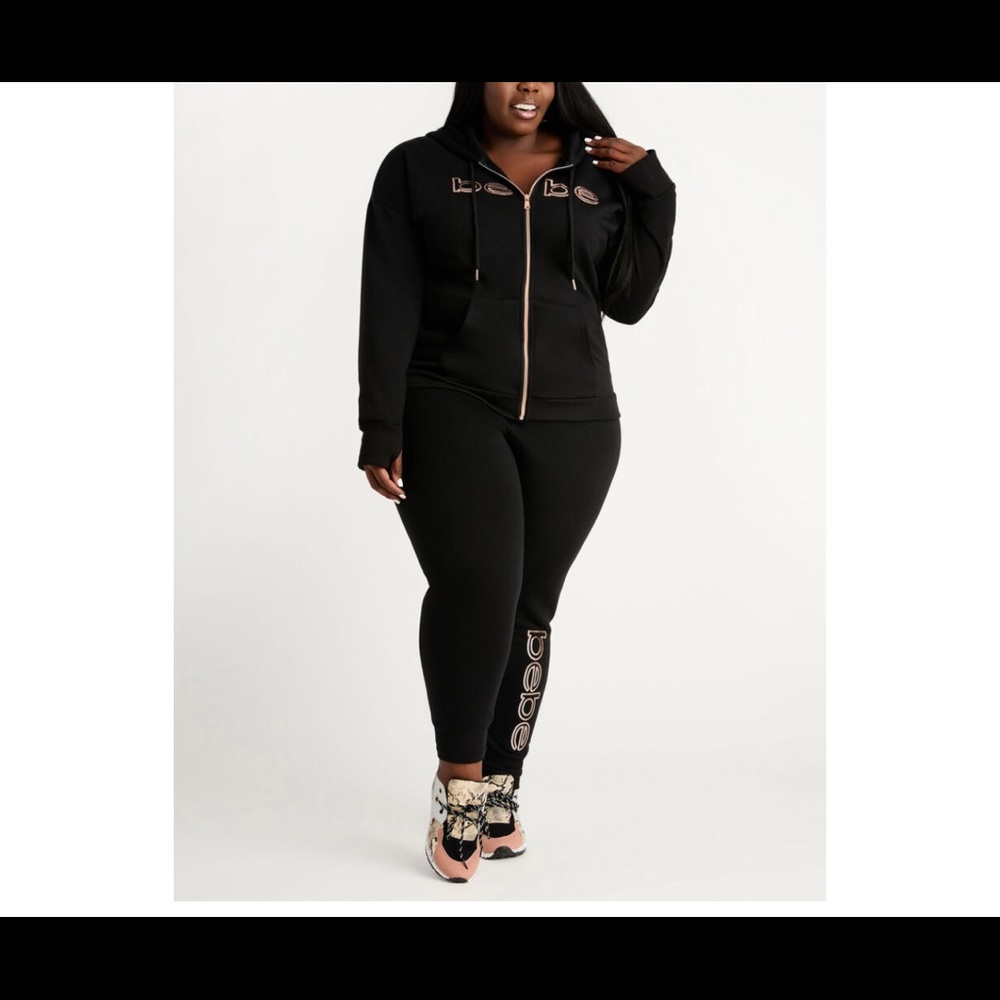 BEBE Sport Plus Size Fleece Rhinestud Logo Black Joggers Size 3X NWT